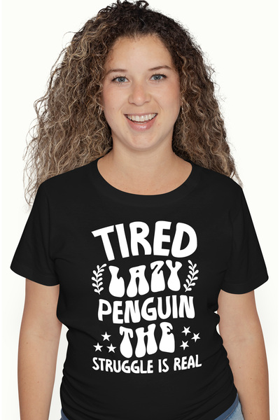 StoryGift Romania Tricou Femei cu mesajul "Pinguin lenes si obosit, efortul e real" cu imprimeu p BLK_L