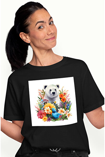 StoryGift Romania Tricou Femei cu un urs polar bucuros, ilustratie, flori, pa...