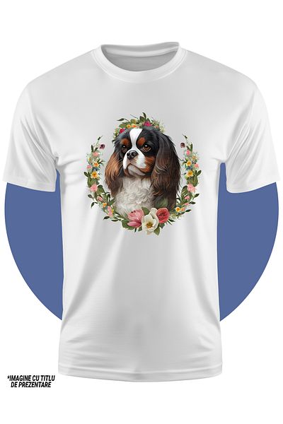 StoryGift Romania Tricou Copii Cu Un Catel Serios De Talie Mica, Ilustratie, Floricele Pe Cap Si In Forma De