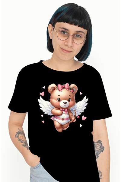 StoryGift Romania Tricou Femei cu un ursulet Cupidon, ilustratie, trage cu arcul, zboara, aripi, i BLK_L