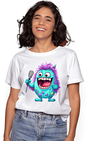 StoryGift Romania Tricou Femei cu o creatura ovala care tine un microfon, star rock, ilustratie, c WHT_L