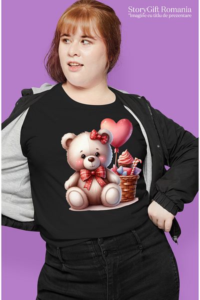 StoryGift Romania Tricou Femei cu un ursulet de plus, ilustratie, vesel, inimioara, iubire, dragos BLK_L