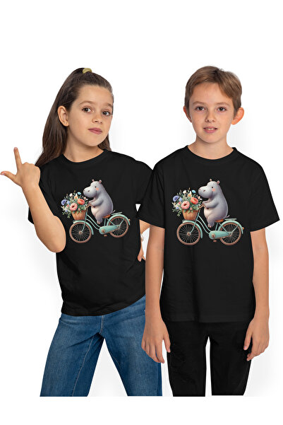 StoryGift Romania Tricou Copii Cu Un Hipopotam Vesel Care Merge Cu Bicicleta, Ilustratie, Cosulet Cu Flori,