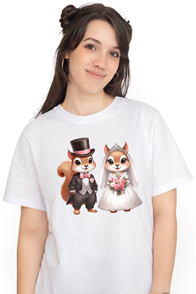StoryGift Romania Tricou Femei cu 2 veverite fericite la nunta, ilustratie, r...