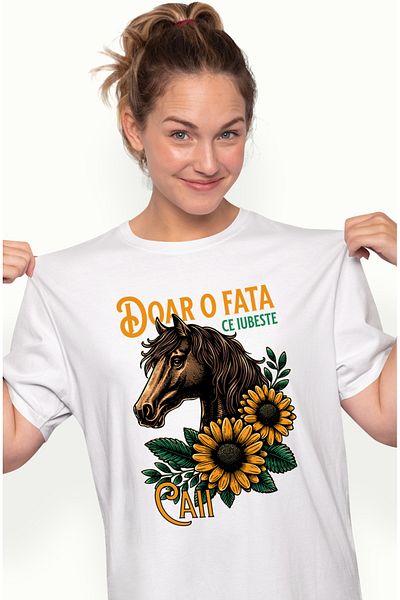 StoryGift Romania Tricou Femei Cal fata ce iubeste caii animal echitatie cu imprimeu pe Fata, 100% WHT_M