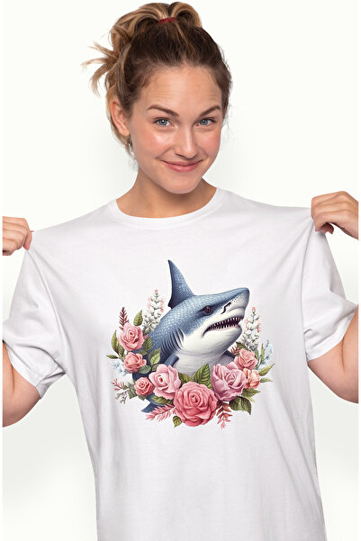 StoryGift Romania Tricou Femei cu un rechin furios, ilustratie, trandafiri, flori, plante, frunze, WHT_L