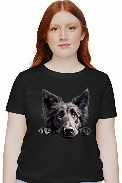 StoryGift Romania Tricou Femei cu un caine negru dezamagit, se uita trist, ilustratie, pentru iubi BLK_S