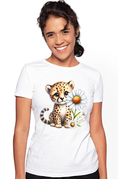 StoryGift Romania Tricou Femei cu un pui de ghepard jucaus, ilustratie, flori...