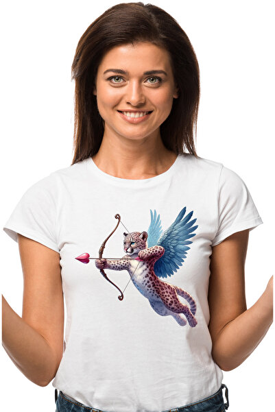 StoryGift Romania Tricou Femei cu un jaguar Cupidon, ilustratie, trage cu arcul, aripi, Valentine' WHT_L