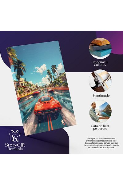 StoryGift Romania Tablou Canvas: Automobil Sport Masina De Lux Rosie Care Merge Cu Viteza Luminii Pe O Strada Di