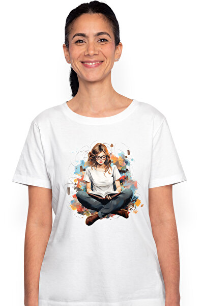 StoryGift Romania Tricou Femei cu o fata care citeste, ochelari, ilustratie, ...