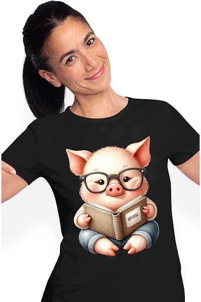 StoryGift Romania Tricou Femei cu un porcusor cu ochelari, tine o carte, lectura, ilustratie, pent BLK_S