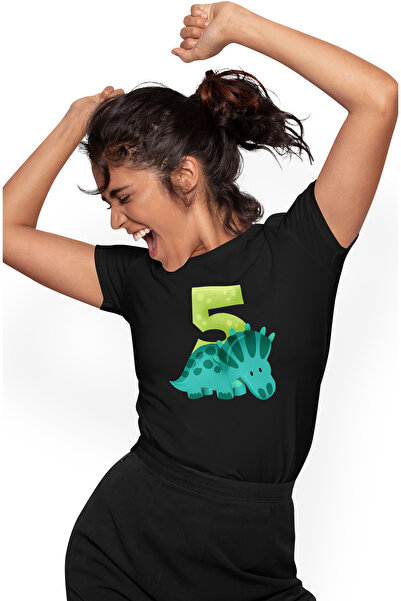 StoryGift Romania Tricou Femei cu un dinozaur verde cu cifra 5, ilustratie, p...