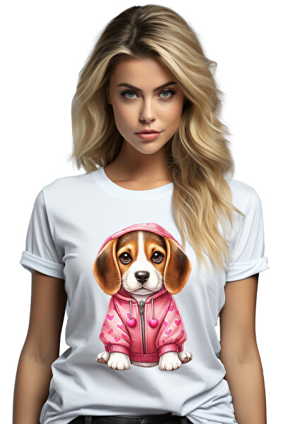 StoryGift Romania Women's T-shirt with a serious puppy wearing a heart sweatshirt, illustration, WHT_L