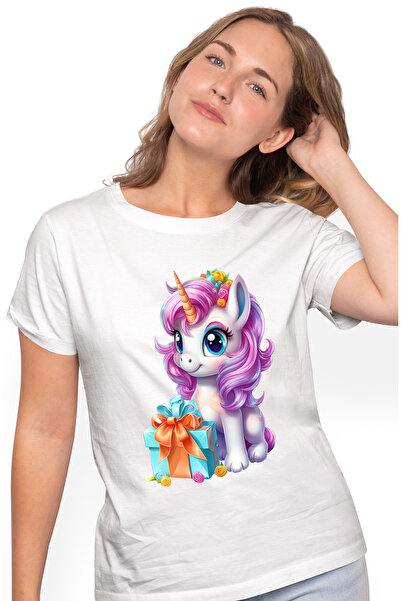StoryGift Romania Tricou Femei cu un unicorn bucuros, ilustratie, cadou, flor...