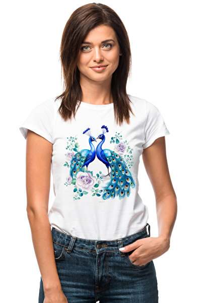 StoryGift Romania Tricou Femei cu o paunita si un paun, ilustratie, flori, pl...