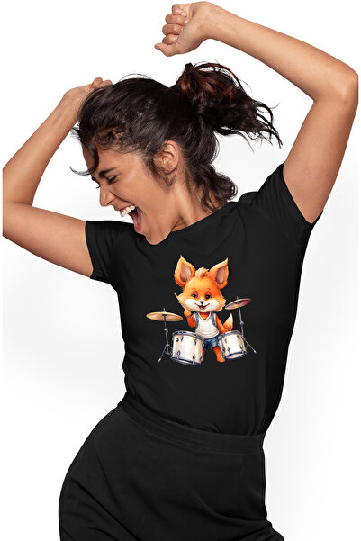 StoryGift Romania Tricou Femei cu un vulpoi care bate la tobe, ilustratie, instrumente muzicale, m BLK_L