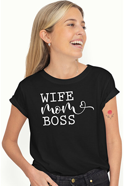StoryGift Romania Tricou Femei cu inimioara si cu textul "Wife, mom, boss" - sotie mama sefa cu i BLK_L