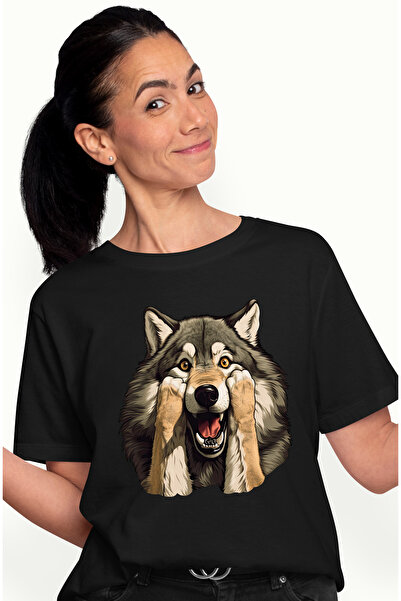 StoryGift Romania Tricou Femei cu un lup speriat, ilustratie, tremura de frica, este socat, a rama BLK_M