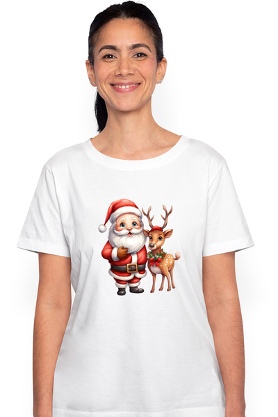 StoryGift Romania Women's T-shirt with Santa Claus and a reindeer, illustration, bringing gifts, pulling the sleigh, a WHT_L