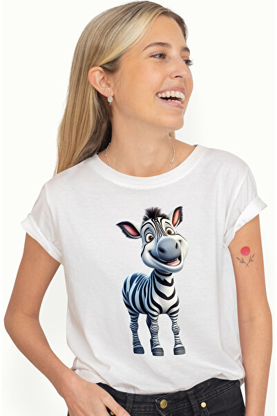 StoryGift Romania Tricou Femei cu o zebra binedispusa, ilustratie, vesela, animal salbatic, jungla WHT_L