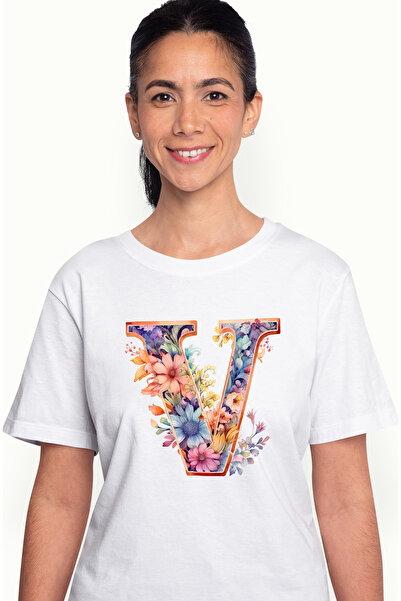 StoryGift Romania Women's T-shirt with the letter "V", illustration, for children, school, student, flowers, alphabet WHT_M