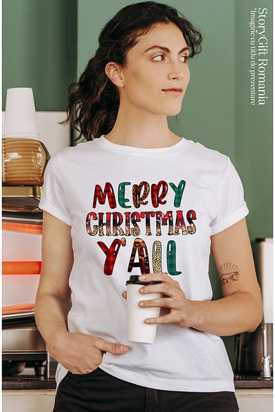 StoryGift Romania Tricou Femei cu mesajul "Merry Christmas y'all", Craciun fericit, ilustratie, ia WHT_L