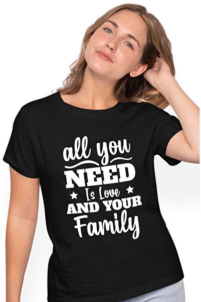 StoryGift Romania Tricou Femei cu mesaj din care reiese ca ai nevoie doar de iubire si de familia BLK_L