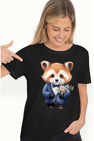 StoryGift Romania Tricou Femei cu un urs Panda Rosu vesel, ilustratie, sacou, camasa, papion, part BLK_L