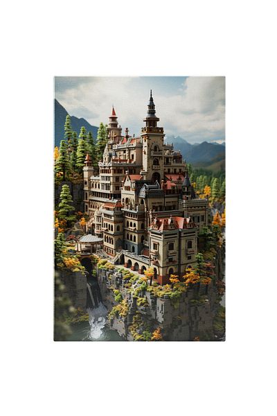 StoryGift Romania Tablou Canvas: View Cetate Pe Stanca Pe Apa Stil Lego Cer Senin Sat Traditional Pictura Digita