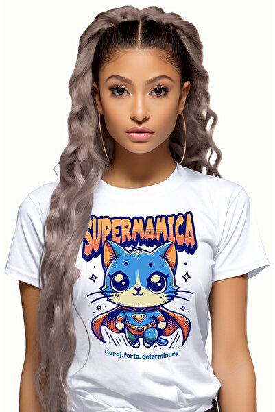 StoryGift Romania Tricou Femei Super Mamica, SuperErou, Pisica Zburand, cu im...