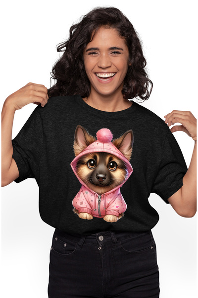 StoryGift Romania Tricou Femei cu o catelusa lup, ilustratie, pentru iubitorii de animale, poarta BLK_L