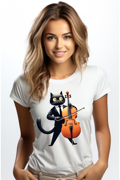StoryGift Romania Tricou Femei cu o pisica neagra care canta la violoncel, mu...