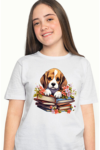 StoryGift Romania Tricou Femei cu un catel putin trist care are 2 teancuri cu carti in fata, flori WHT_L