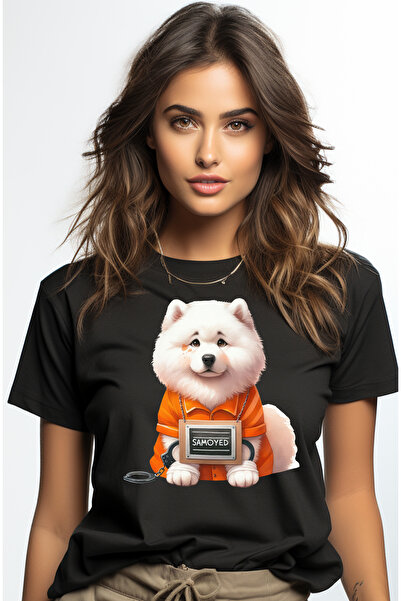 StoryGift Romania Tricou Femei cu un catel Samoyed, ilustratie, la inchisoare, trist, catuse, unif BLK_L
