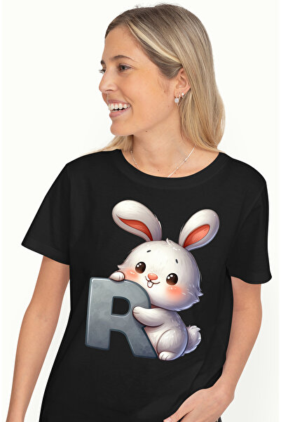 StoryGift Romania Tricou Femei cu un iepure cu litera "R", ilustratie, pentru copii, scoala, elev, BLK_L