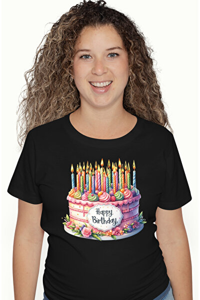 StoryGift Romania Tricou Femei cu un tort pe care scrie "Happy birthday, ilustratie, la multi ani, BLK_L
