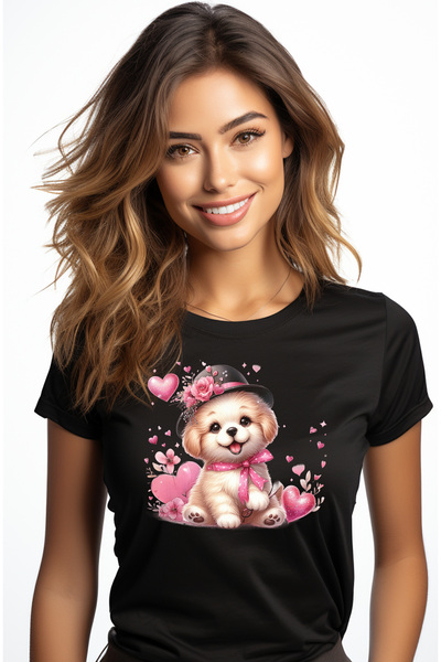 StoryGift Romania Tricou Femei cu un catelus vesel, cu palarie neagra, flori,...