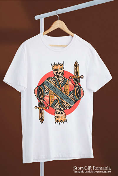 StoryGift Romania Tricou Femei Cu Schelet, Rege, Sabie, Coroana, Carte De Joc, Multicolor cu impr WHT_L