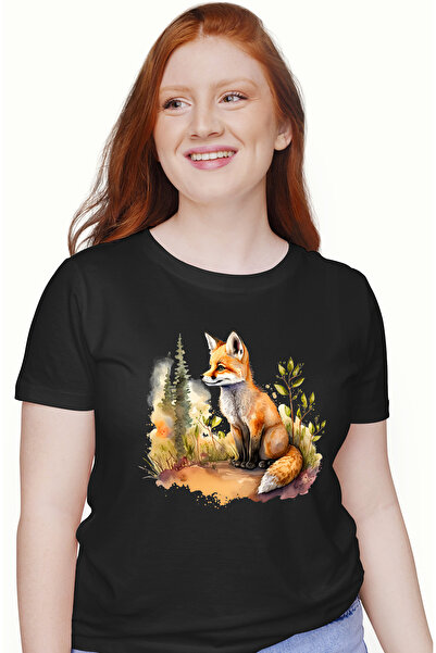 StoryGift Romania Tricou Femei cu un vulpoi curios, ilustratie, copaci, iarba...