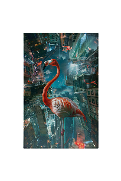StoryGift Romania Tablou Canvas Clădirile Orașului Înconjurând Un Flamingo Roz- Lumini, Oraș , Flamingo Zburând ,