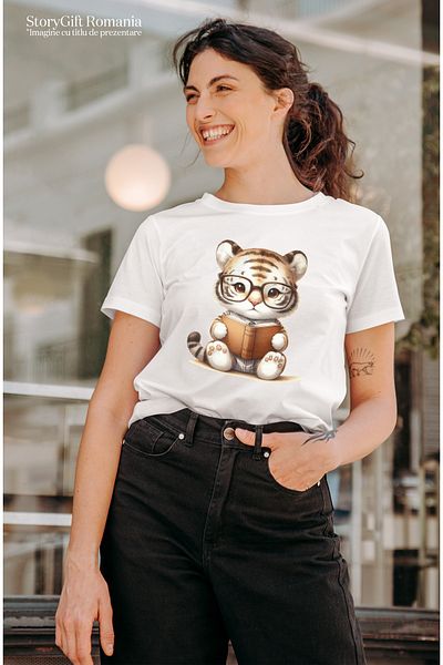 StoryGift Romania Women's T-shirt with a little tiger holding a book, illustration, glasses, lesson WHT_M
