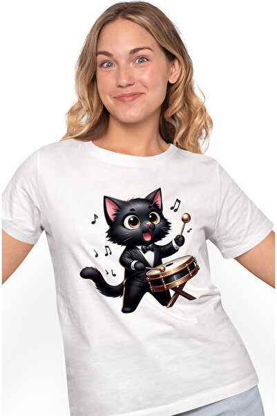 StoryGift Romania Tricou Femei cu o pisica neagra care bate la o toba, ilustratie, muzica, note, r WHT_L