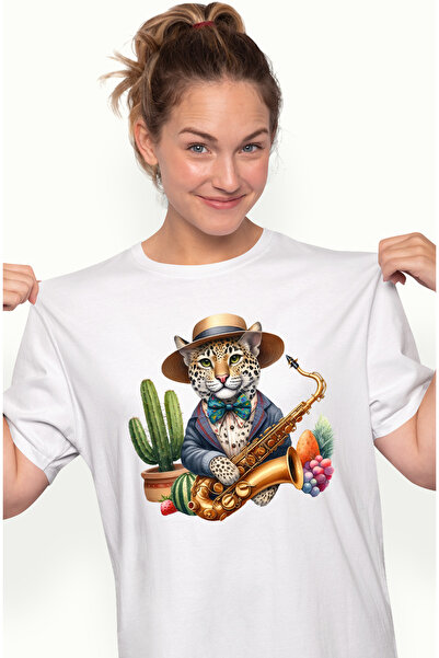 StoryGift Romania Tricou Femei cu un jaguar care tine un saxofon, palarie, ca...