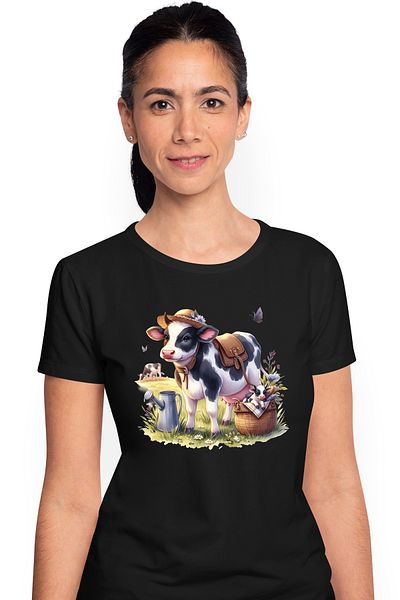 StoryGift Romania Tricou Femei cu vacute pe camp, la pascut, palarie, cos, plante, flori, verdeata BLK_L