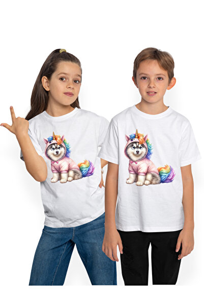 StoryGift Romania Tricou Copii Cu Un Catelus Husky Costumat In Unicorn, Ilust...