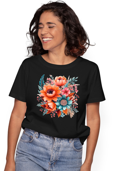 StoryGift Romania Tricou Femei cu diferite flori, ilustratie, portocalii, alb...