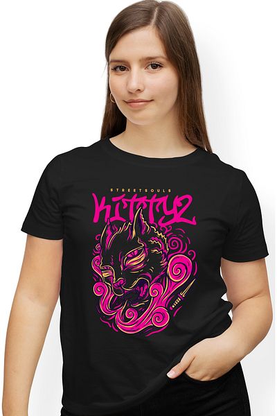 StoryGift Romania Tricou Femei Cu Pisica Suparata Roz, Text In Engleza Kittyz, Cutit Ascutit, Pisi BLK_M