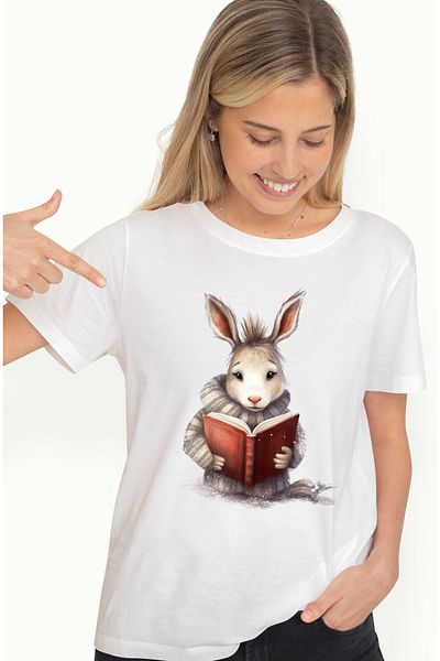 StoryGift Romania Tricou Femei cu un iepuras care citeste, ciufulit, carte, lectura, pentru pasion WHT_L