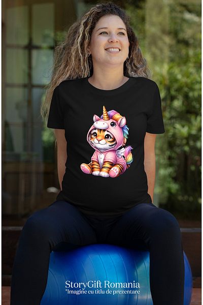 StoryGift Romania Women's T-shirt with a tiger dressed as a unicorn, illustration, playful, cheerful, joy BLK_L
